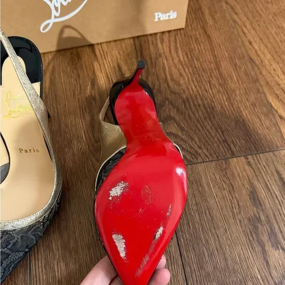 Christian Louboutin Black Lace and Metallic Gold Slingback Pumps - Picture 6 of 11